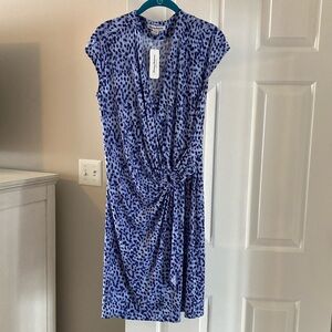 Blue and White Ruched Wrap Midi Dress